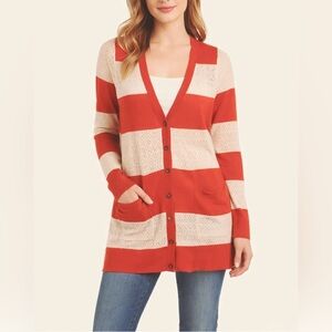 Anthropologie Little Yellow Bird Rugby Pointelle Cardigan Orange Striped Medium